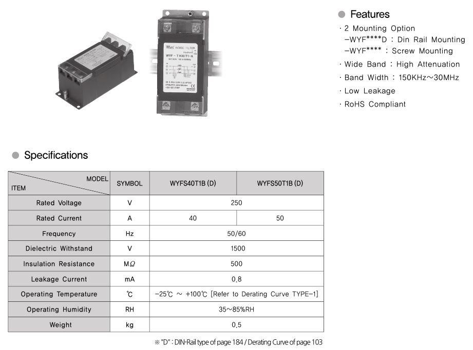 韩国云永WOONYOUNG噪声滤波器WYFS40T1B，WYFS50T1B